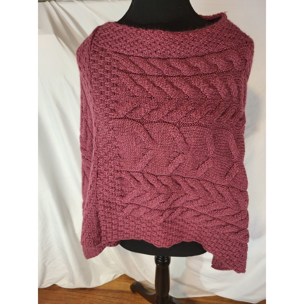 Aran Sweater Market Poncho Raspberry Pink Cable Knit Merino Wool Made In Ireland